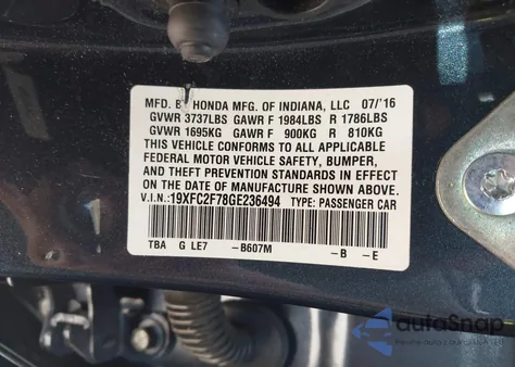 2016 Honda Civic Ex z USA, uszkodzony, nr VIN 19XFC2F78GE236494